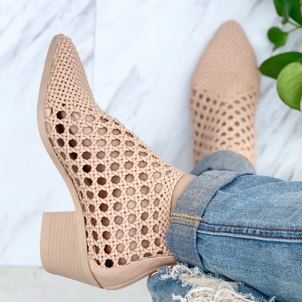 Beige Woven Braided Pointy Toe Bootie
